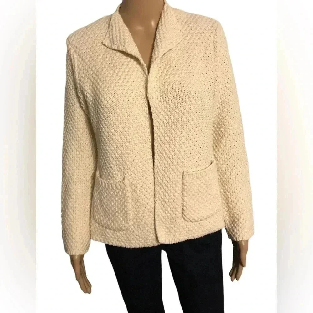 ORVIS Open Front Moss Stitch Knit Cotton Cream Cardigan Womens Sz XL - Picture 5 of 5